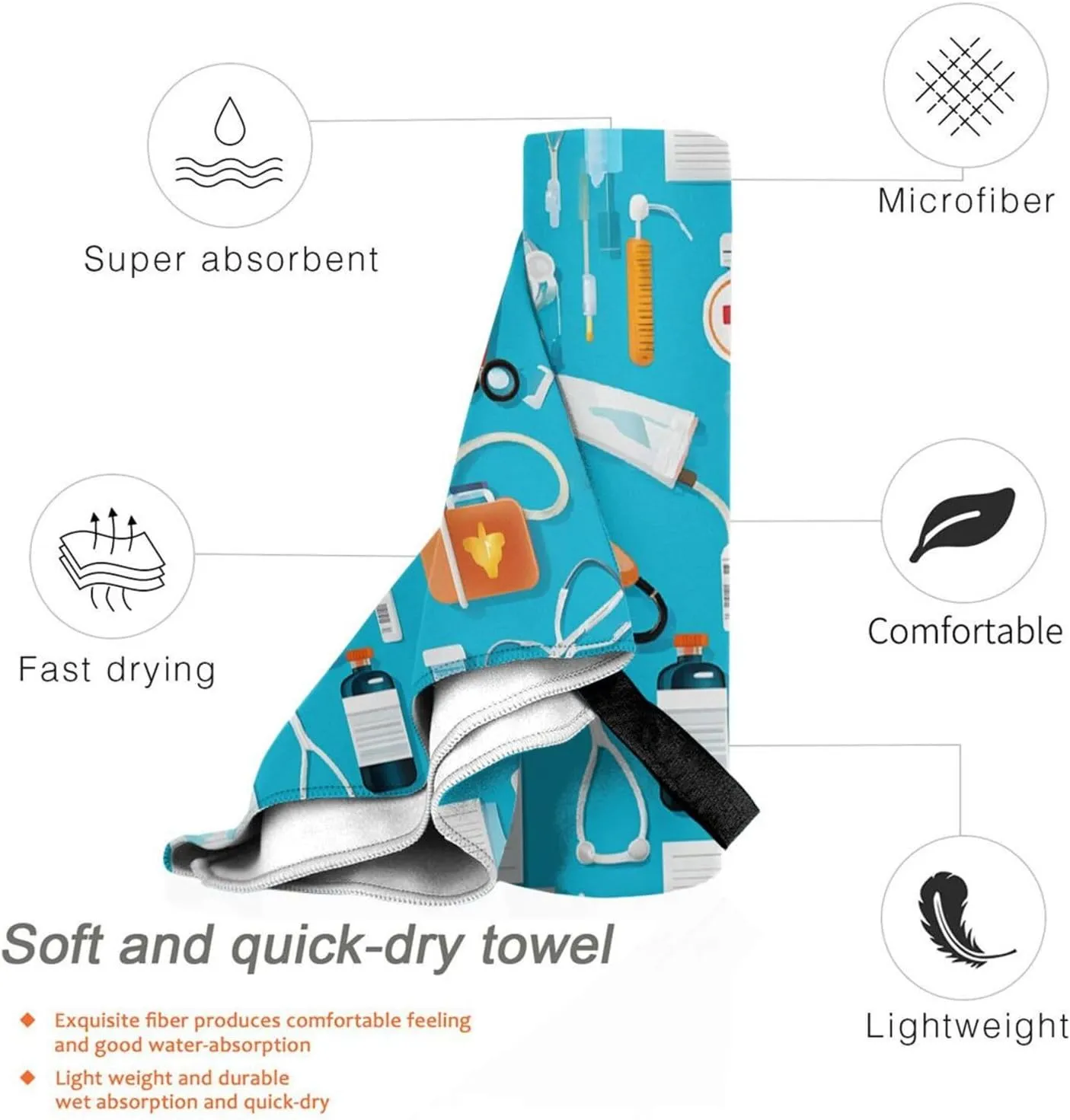 Cartoon Medicine Pattern Premium Compact Microfiber Travel Towel-Featherlight & Quick Dry,Sand-Resistant Beach Towel for Swimming,Camping,Vacation Essentials with Carry Pouch