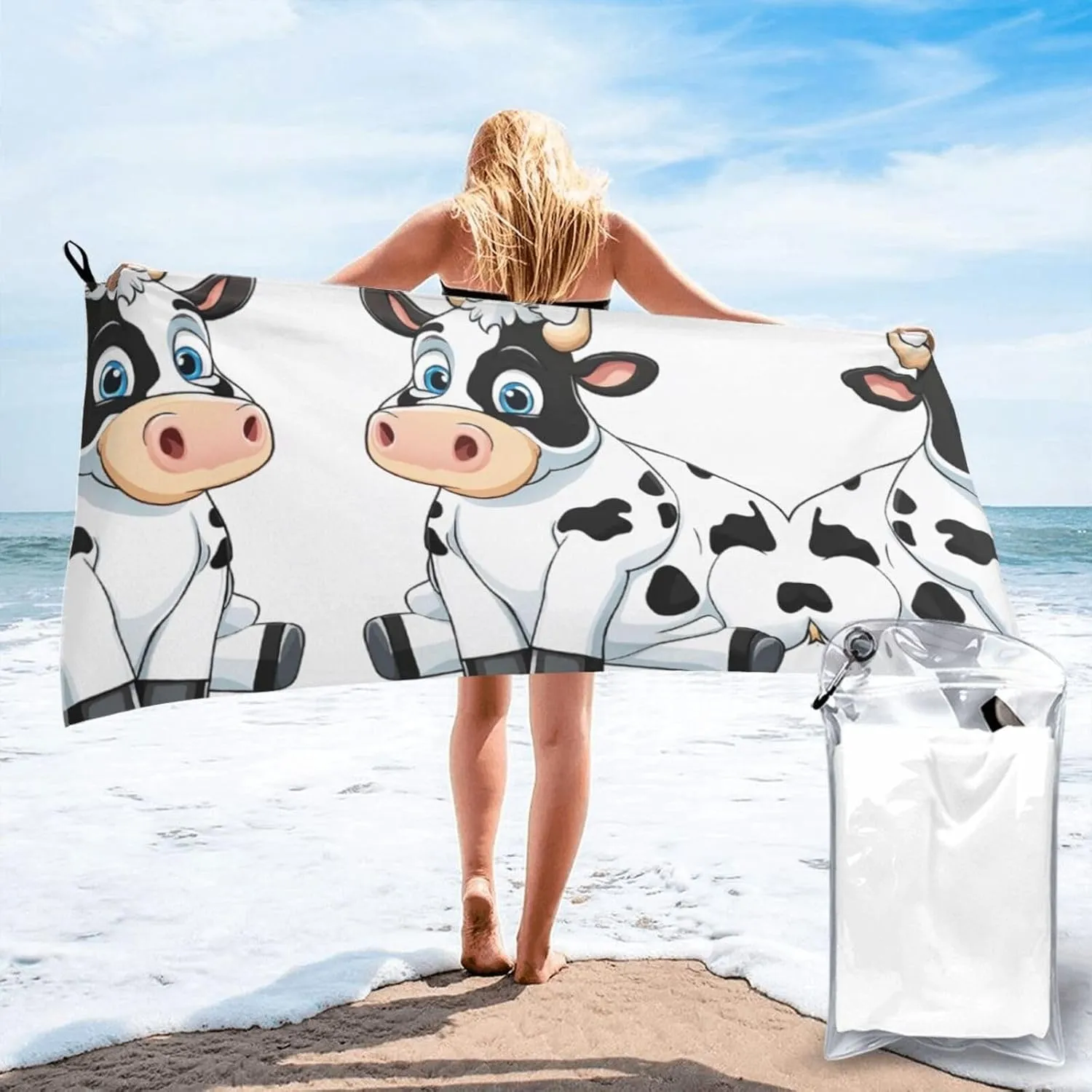 Cartoon Milk Cow Premium Compact Microfiber Travel Towel-Featherlight & Quick Dry,Sand-Resistant Beach Towel for Swimming,Camping,Vacation Essentials with Carry Pouch