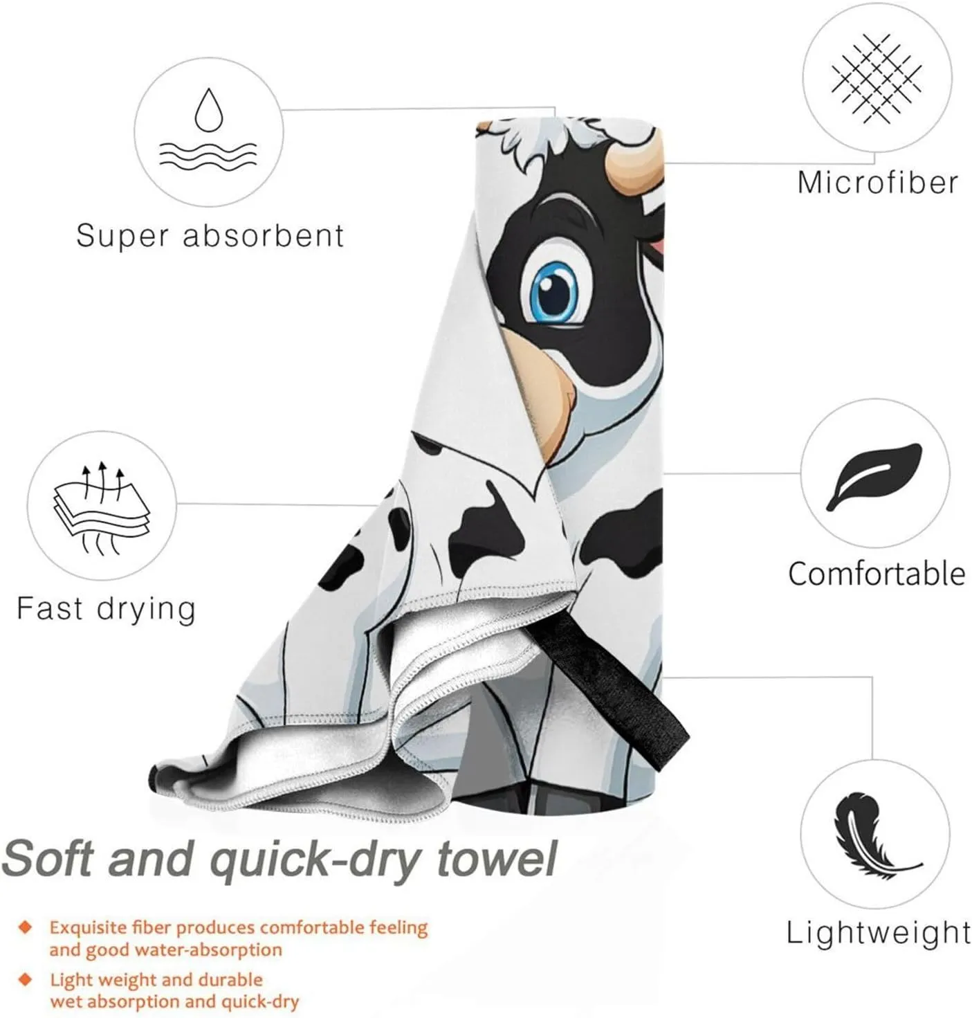 Cartoon Milk Cow Premium Compact Microfiber Travel Towel-Featherlight & Quick Dry,Sand-Resistant Beach Towel for Swimming,Camping,Vacation Essentials with Carry Pouch