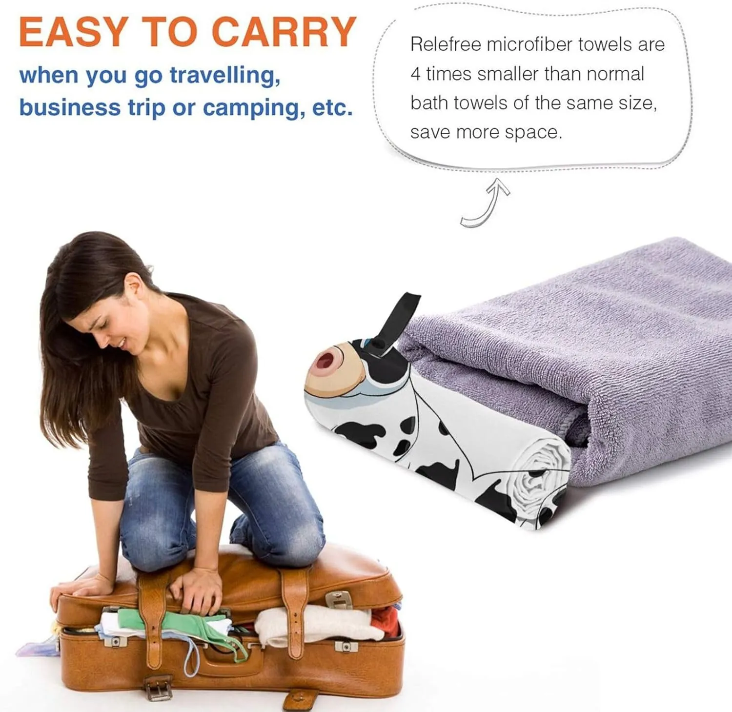 Cartoon Milk Cow Premium Compact Microfiber Travel Towel-Featherlight & Quick Dry,Sand-Resistant Beach Towel for Swimming,Camping,Vacation Essentials with Carry Pouch
