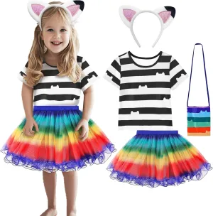 Cat Dollhouse Costume for Girls withT-Shirt and Rainbow Tutu, Headband and Bag Halloween Birthday Party Outfits