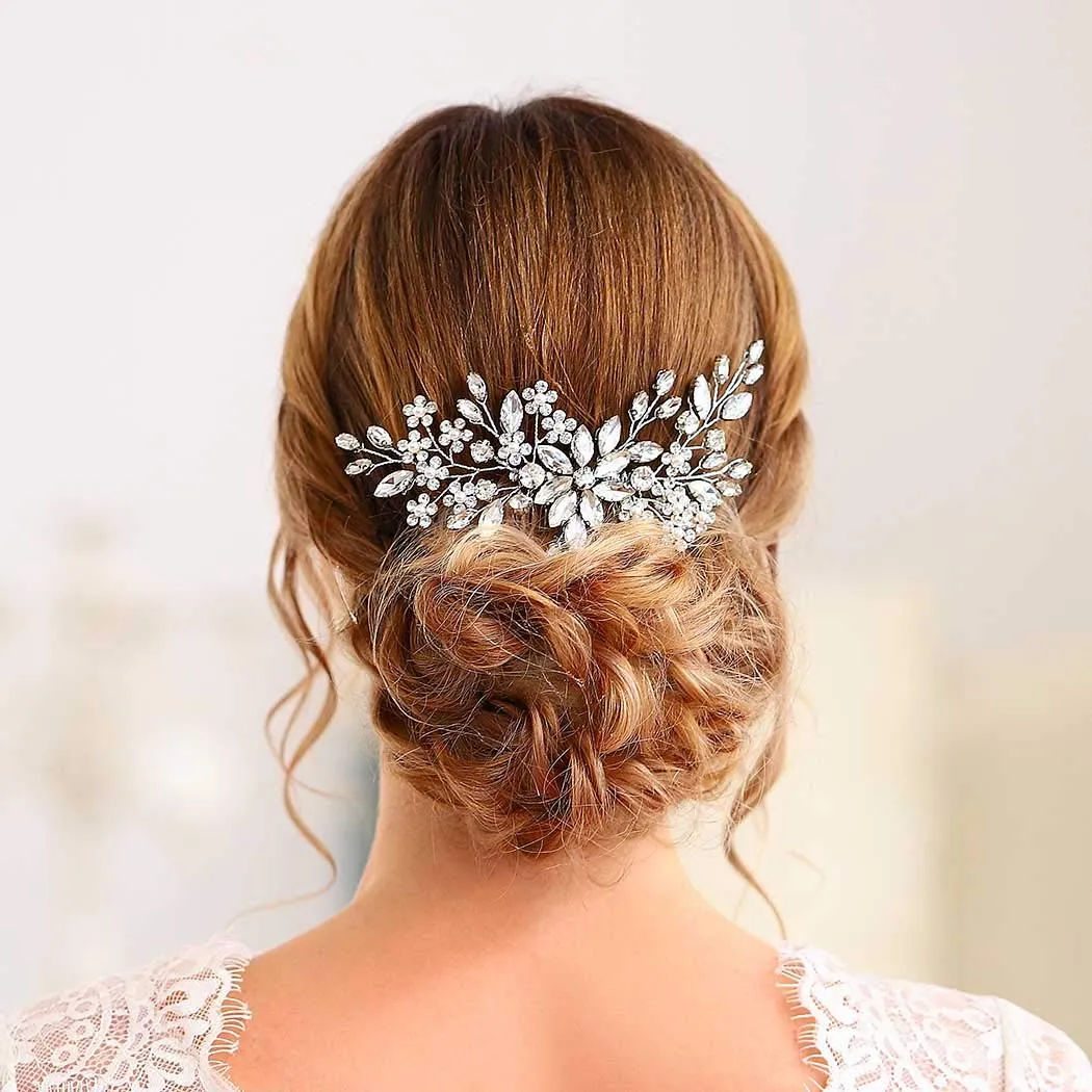 Catery Crystal Bridal Hair Combs Rhinestones Hairpieces Flower Wedding Clips Accessories for Brides and Women Pack of 1(Silver)
