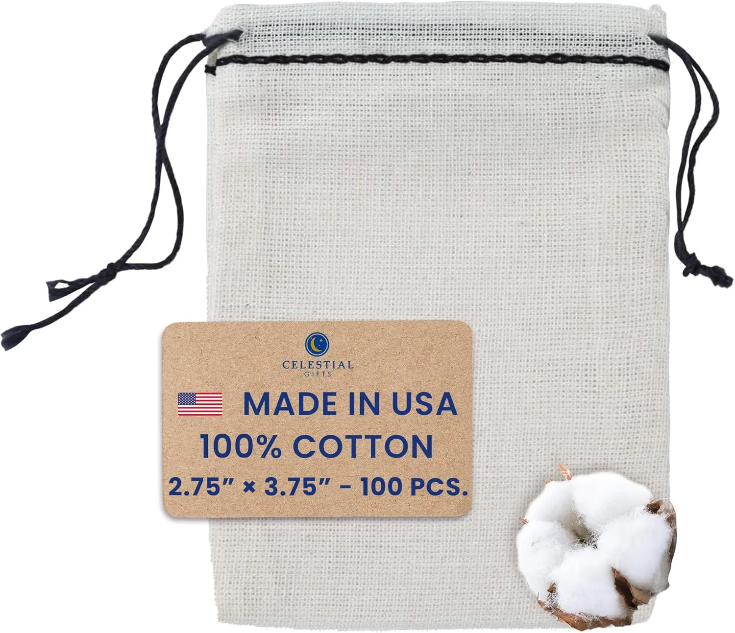 Celestial Gifts Muslin Bags - Drawstring Bags Small 100pcs - 2.75x3.75, Reusable Tea Bags, Jewelry Gift, Spice and Cotton Gift Sachet Bags - 100% Cotton - Made in USA - (Black Hem & Drawstring)