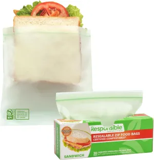 Certified Compostable SANDWICH Resealable Zip Bag, Extra Strength Food Bags, Plant-Based Freezer-Safe (30 Pack)