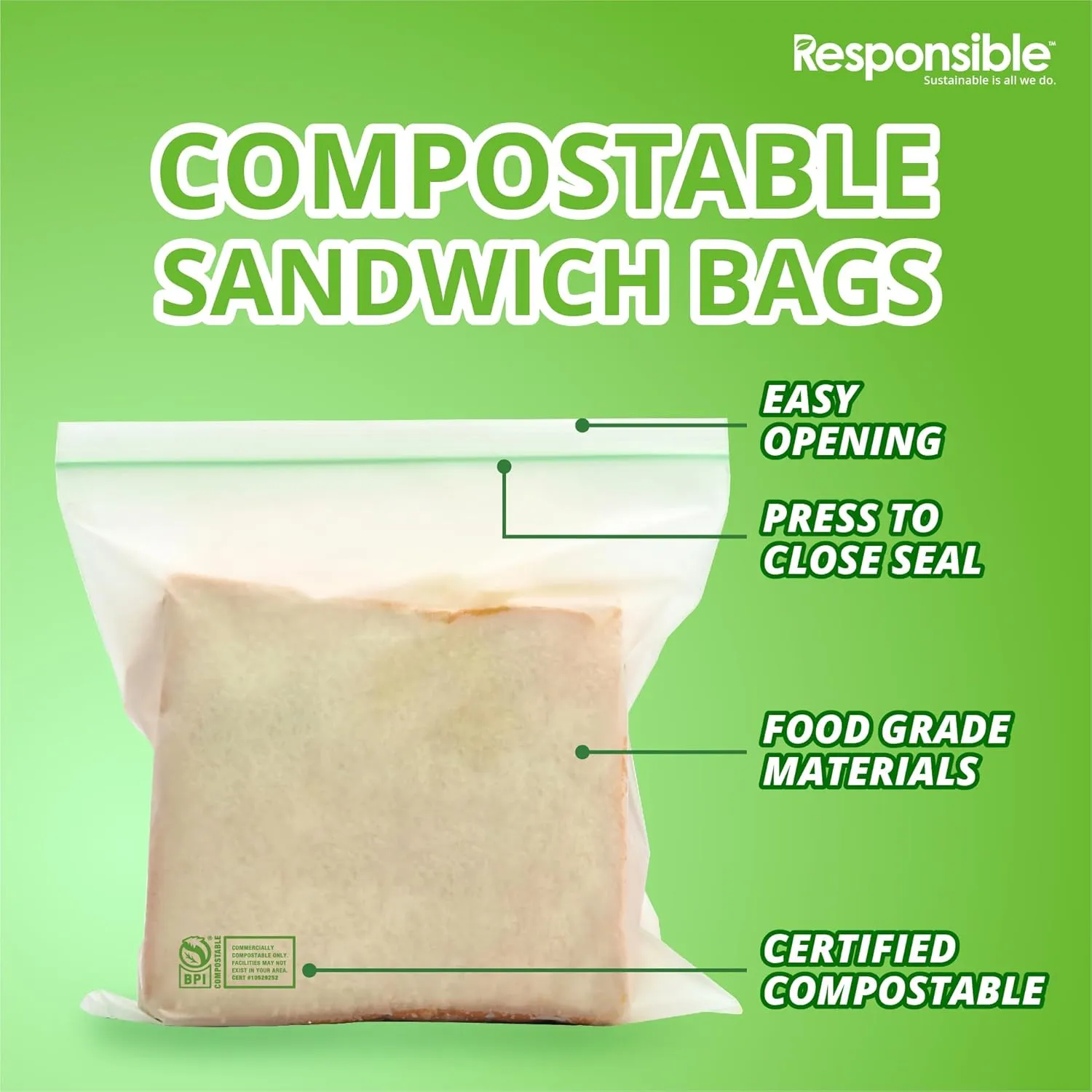 Certified Compostable SANDWICH Resealable Zip Bag, Extra Strength Food Bags, Plant-Based Freezer-Safe (68 Pack)