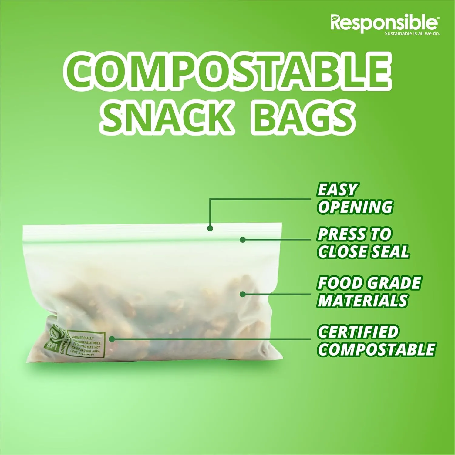 Certified Compostable SNACK Resealable Zip Bag, Extra Strength Food Bags, Plant-Based Freezer-Safe (40 Pack)