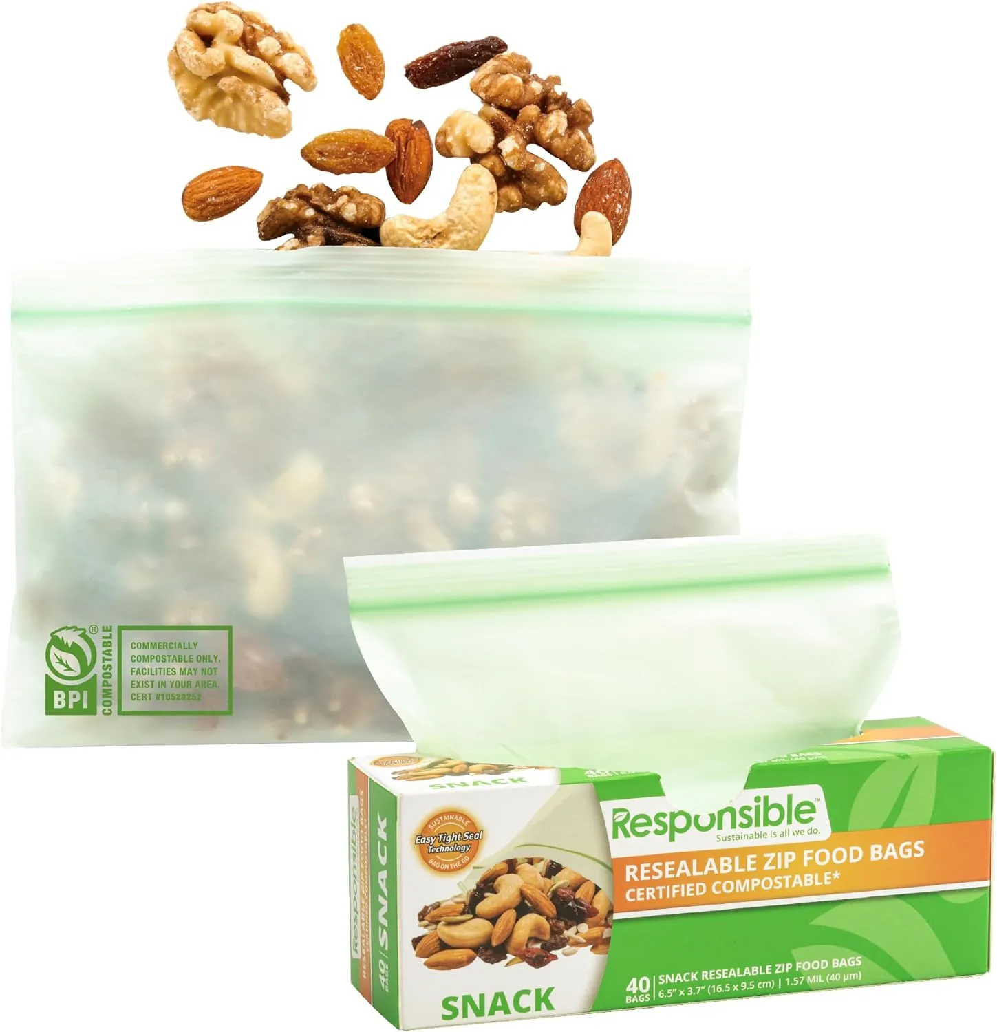 Certified Compostable SNACK Resealable Zip Bag, Extra Strength Food Bags, Plant-Based Freezer-Safe (40 Pack)