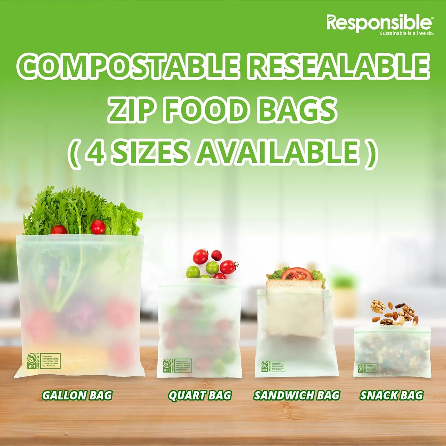 Certified Compostable SNACK Resealable Zip Bag, Extra Strength Food Bags, Plant-Based Freezer-Safe (40 Pack)