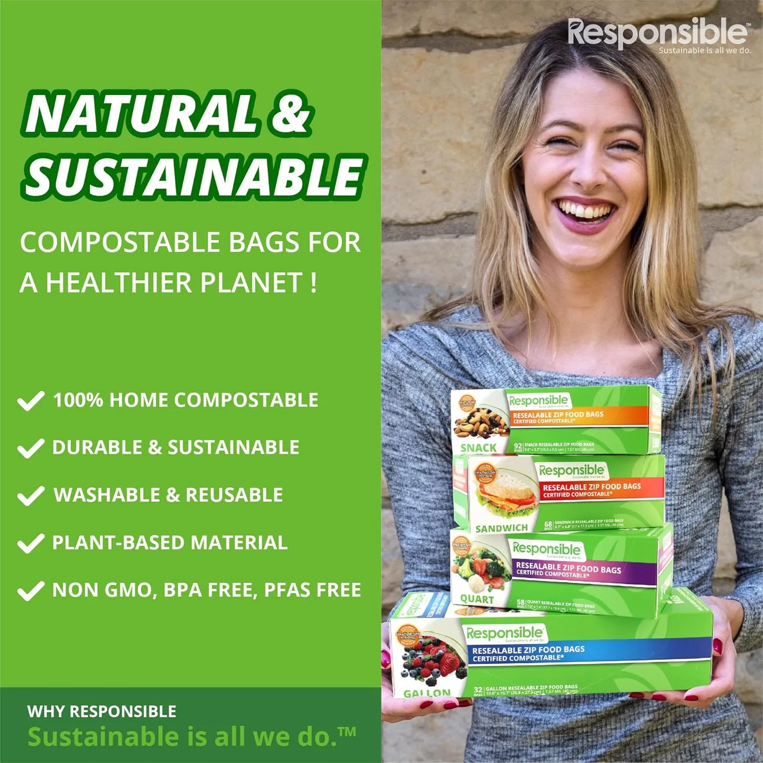 Certified Compostable SNACK Resealable Zip Bag, Extra Strength Food Bags, Plant-Based Freezer-Safe (40 Pack)