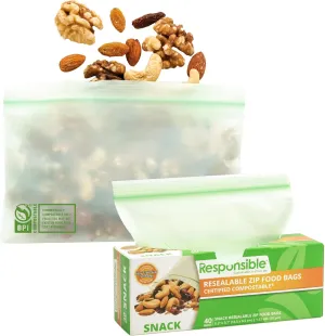 Certified Compostable SNACK Resealable Zip Bag, Extra Strength Food Bags, Plant-Based Freezer-Safe (40 Pack)