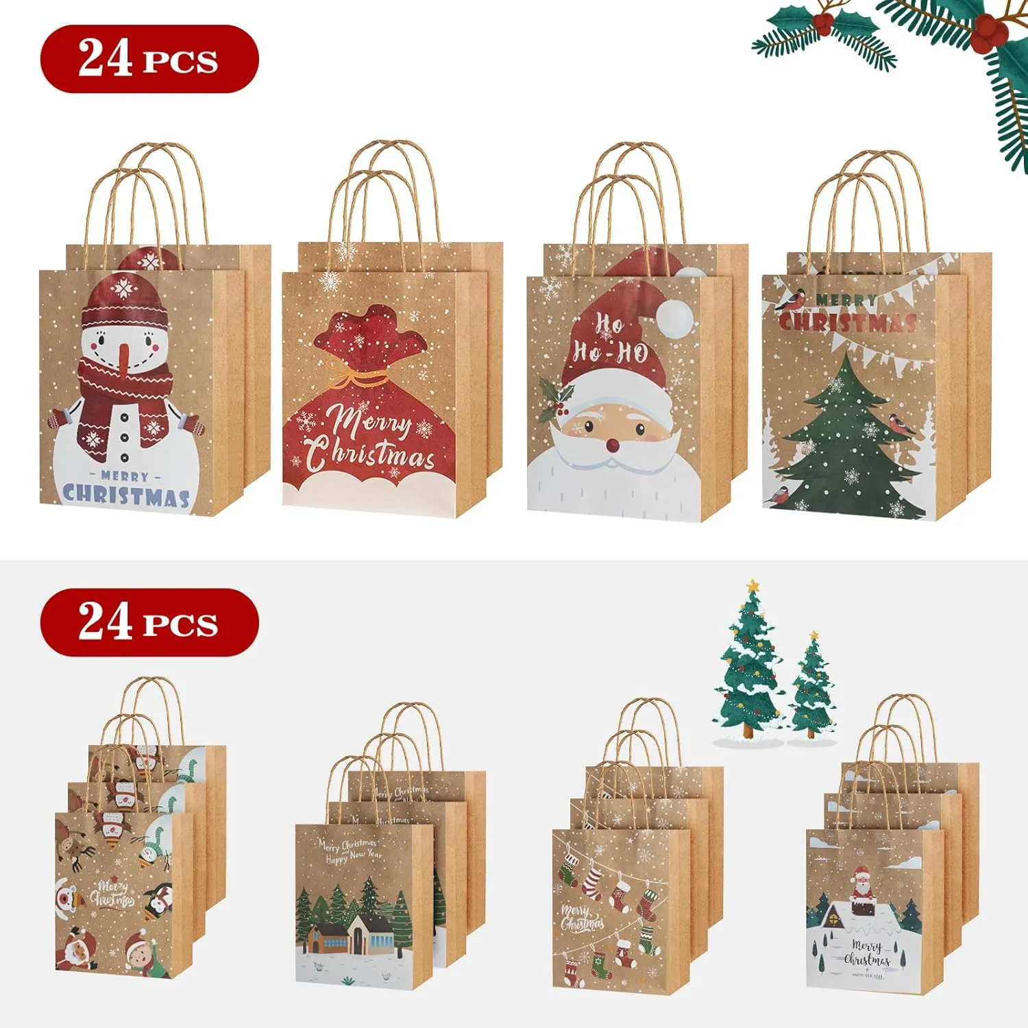 CHARMGIFTBOX 24pcs Assorted Large & Medium Christmas Kraft Paper Gift Bags with Handles, Christmas Stockings, Santa Claus, Animals Designs, 12 Large 13*10.2*5.5 Inches, 12 Medium 9.1*7.1*4 Inches