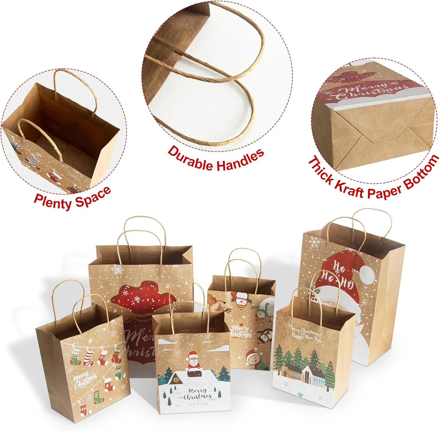 CHARMGIFTBOX 24pcs Assorted Large & Medium Christmas Kraft Paper Gift Bags with Handles, Christmas Stockings, Santa Claus, Animals Designs, 12 Large 13*10.2*5.5 Inches, 12 Medium 9.1*7.1*4 Inches