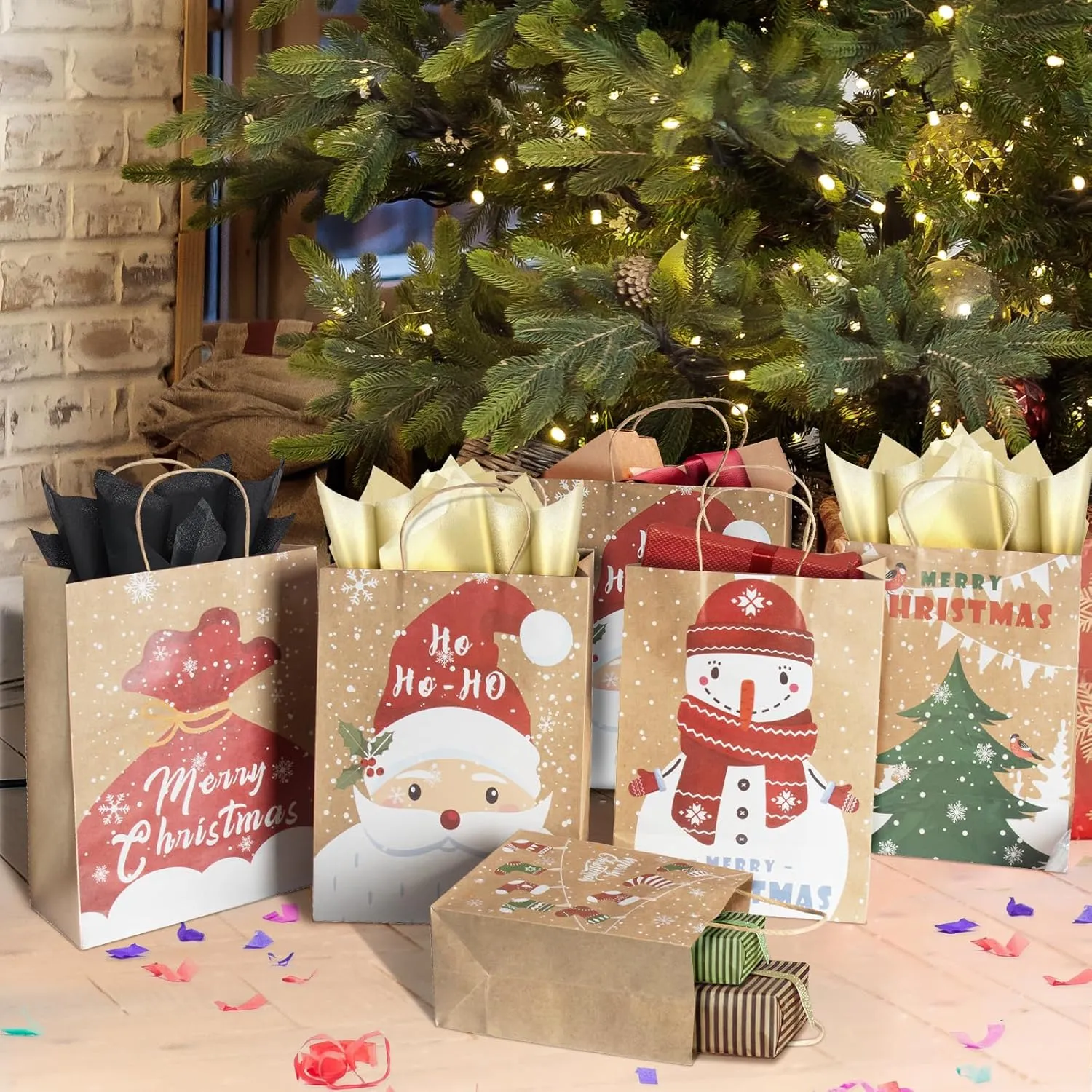 CHARMGIFTBOX 24pcs Assorted Large & Medium Christmas Kraft Paper Gift Bags with Handles, Christmas Stockings, Santa Claus, Animals Designs, 12 Large 13*10.2*5.5 Inches, 12 Medium 9.1*7.1*4 Inches