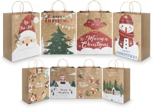 CHARMGIFTBOX 24pcs Assorted Large & Medium Christmas Kraft Paper Gift Bags with Handles, Christmas Stockings, Santa Claus, Animals Designs, 12 Large 13*10.2*5.5 Inches, 12 Medium 9.1*7.1*4 Inches