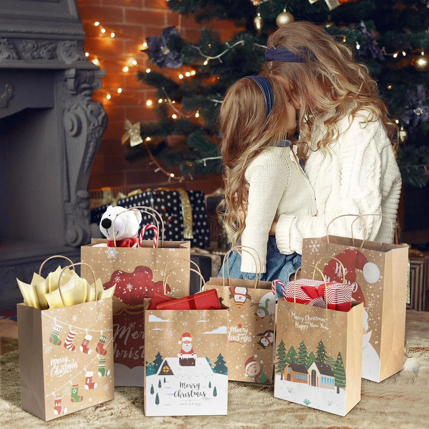 CHARMGIFTBOX 24pcs Assorted Large & Medium Christmas Kraft Paper Gift Bags with Handles, Christmas Stockings, Santa Claus, Animals Designs, 12 Large 13*10.2*5.5 Inches, 12 Medium 9.1*7.1*4 Inches
