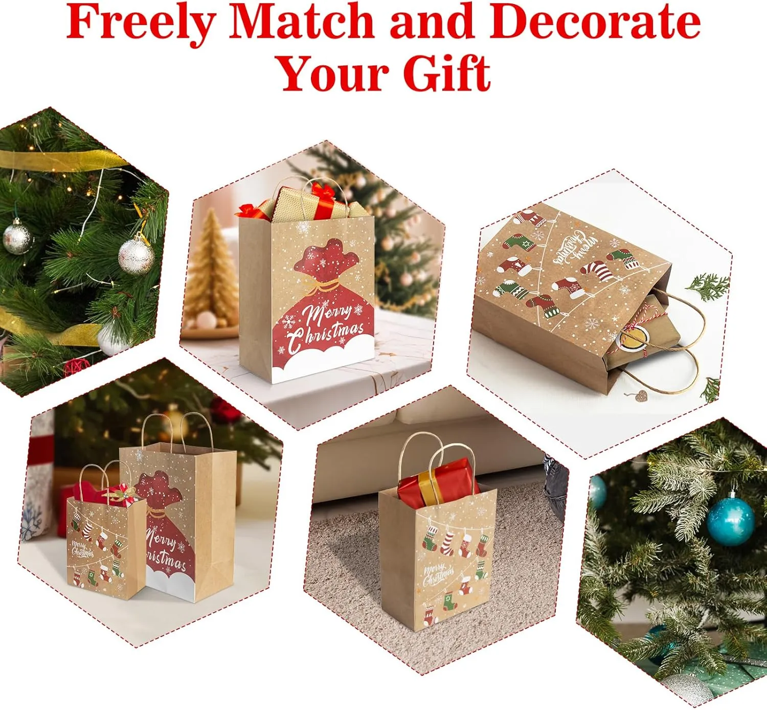 CHARMGIFTBOX 24pcs Assorted Large & Medium Christmas Kraft Paper Gift Bags with Handles, Christmas Stockings, Santa Claus, Animals Designs, 12 Large 13*10.2*5.5 Inches, 12 Medium 9.1*7.1*4 Inches