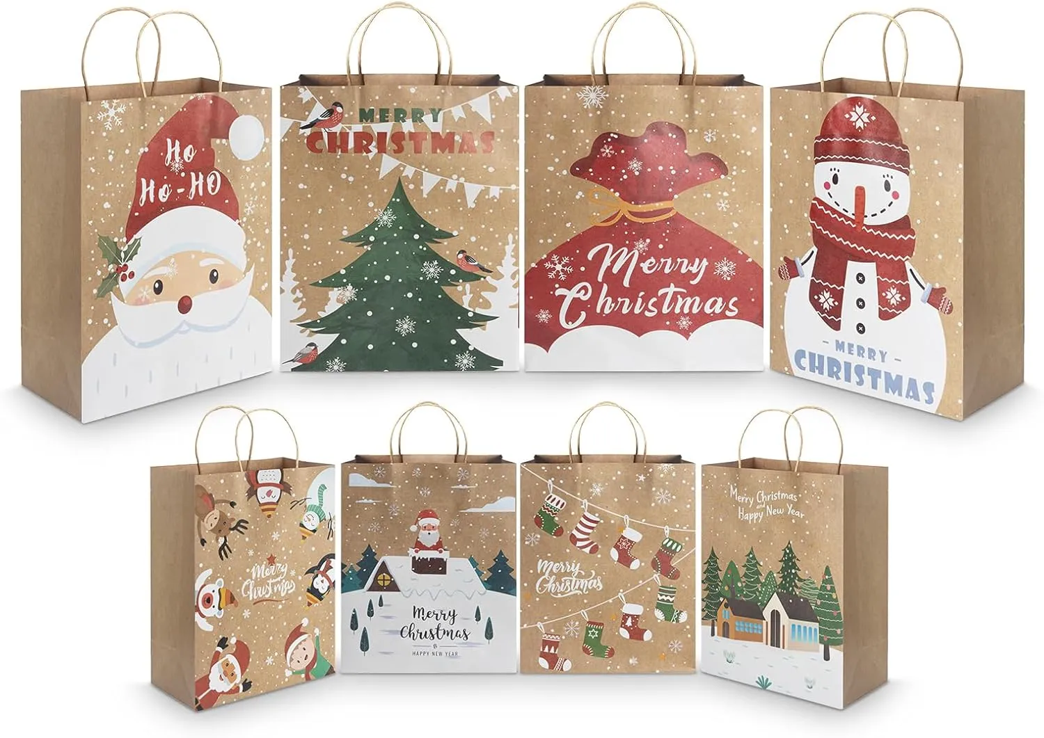 CHARMGIFTBOX 24pcs Assorted Large & Medium Christmas Kraft Paper Gift Bags with Handles, Christmas Stockings, Santa Claus, Animals Designs, 12 Large 13*10.2*5.5 Inches, 12 Medium 9.1*7.1*4 Inches