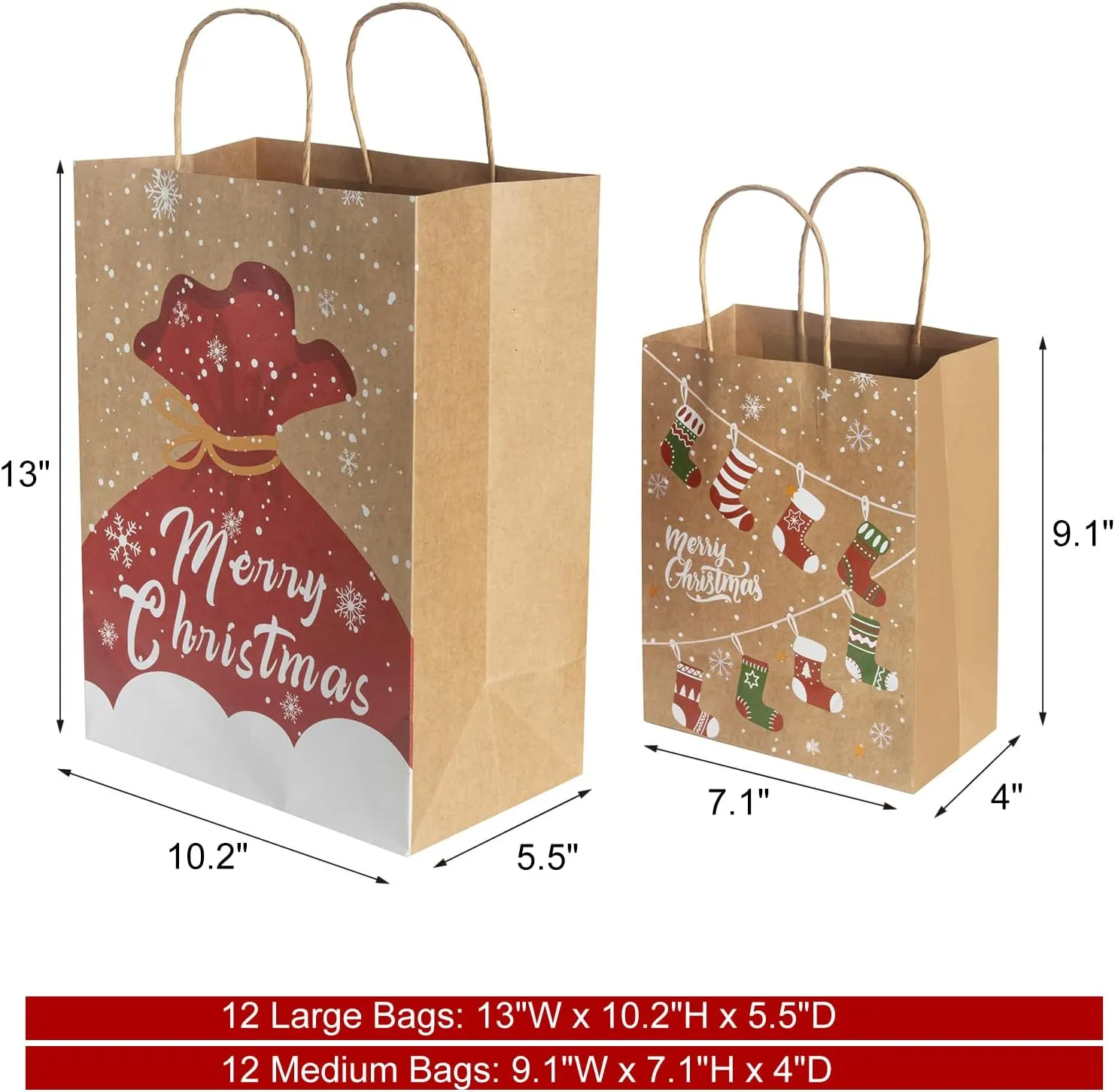 CHARMGIFTBOX 24pcs Assorted Large & Medium Christmas Kraft Paper Gift Bags with Handles, Christmas Stockings, Santa Claus, Animals Designs, 12 Large 13*10.2*5.5 Inches, 12 Medium 9.1*7.1*4 Inches
