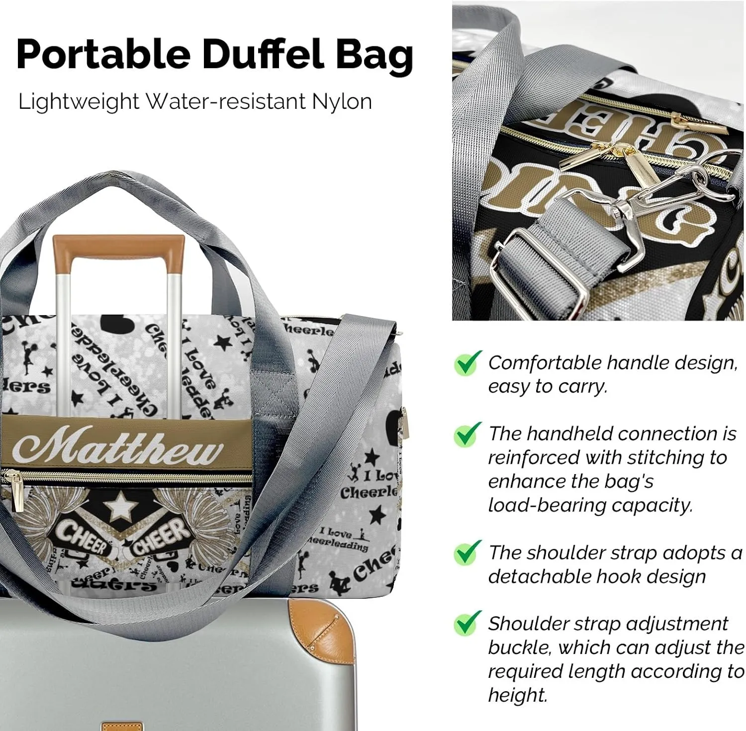 Cheerleaders Gold Yellow Brown Duffel Bag Gym Dance Sport Perform Training Travel Bag for Boys Girls Teens Women Men