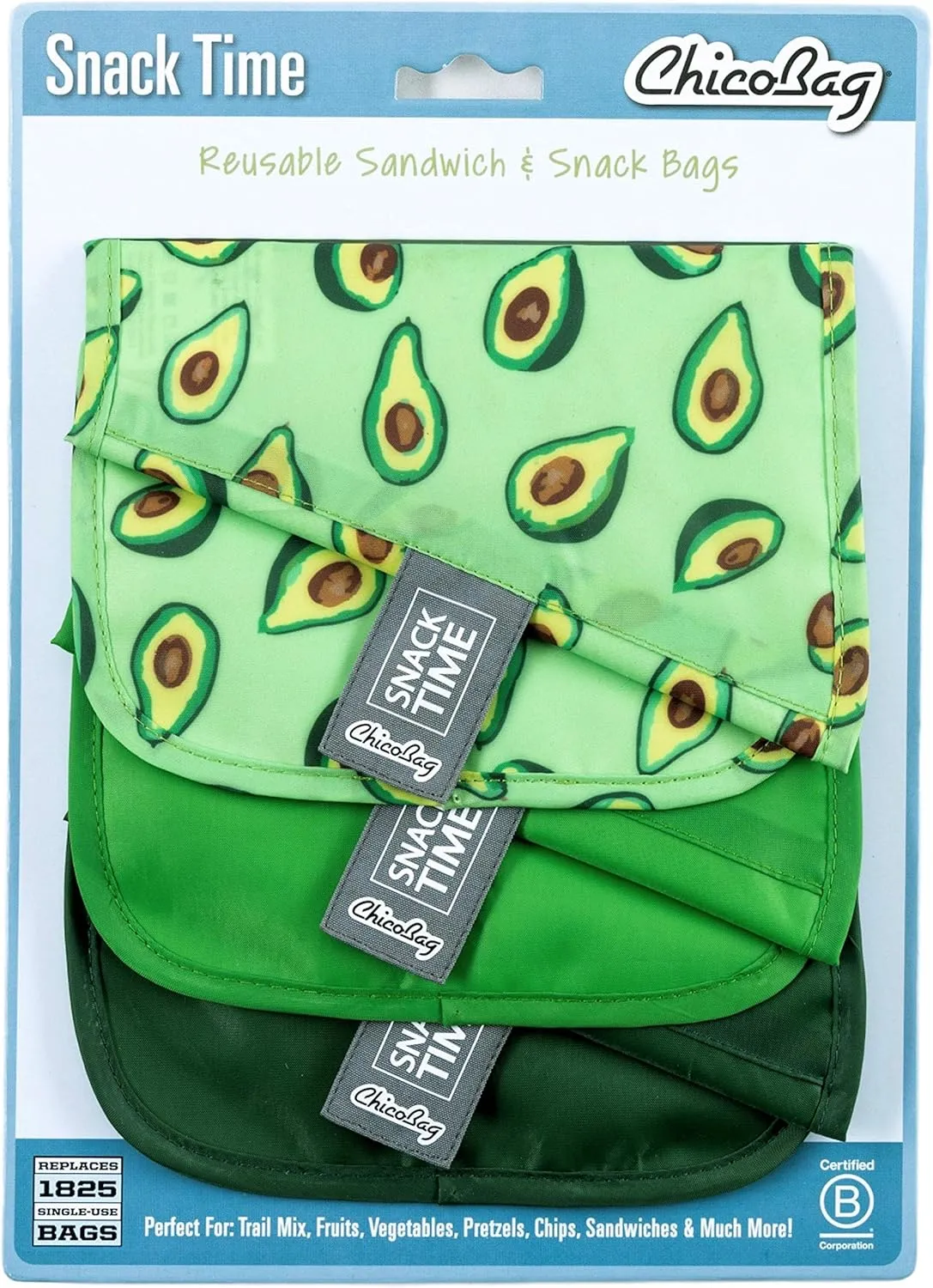 ChicoBag Snack Time rePETe Reusable Sandwich Bags w/Secure Hook & Loop | Perfect for Sandwiches & Snacks | Eco-Conscious Baggies | Easy to Clean | Avocado Pattern (Pack of 3)