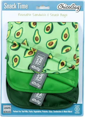 ChicoBag Snack Time rePETe Reusable Sandwich Bags w/Secure Hook & Loop | Perfect for Sandwiches & Snacks | Eco-Conscious Baggies | Easy to Clean | Avocado Pattern (Pack of 3)