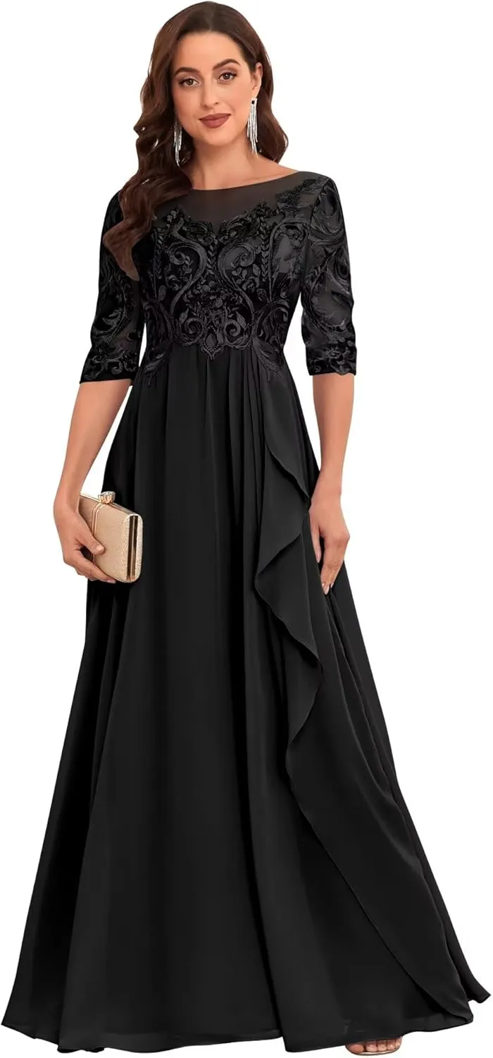 Chiffon Lace Mother of The Bride Dresses for Women Long Elegant Ruffle Formal Evening Gown with Sleeves