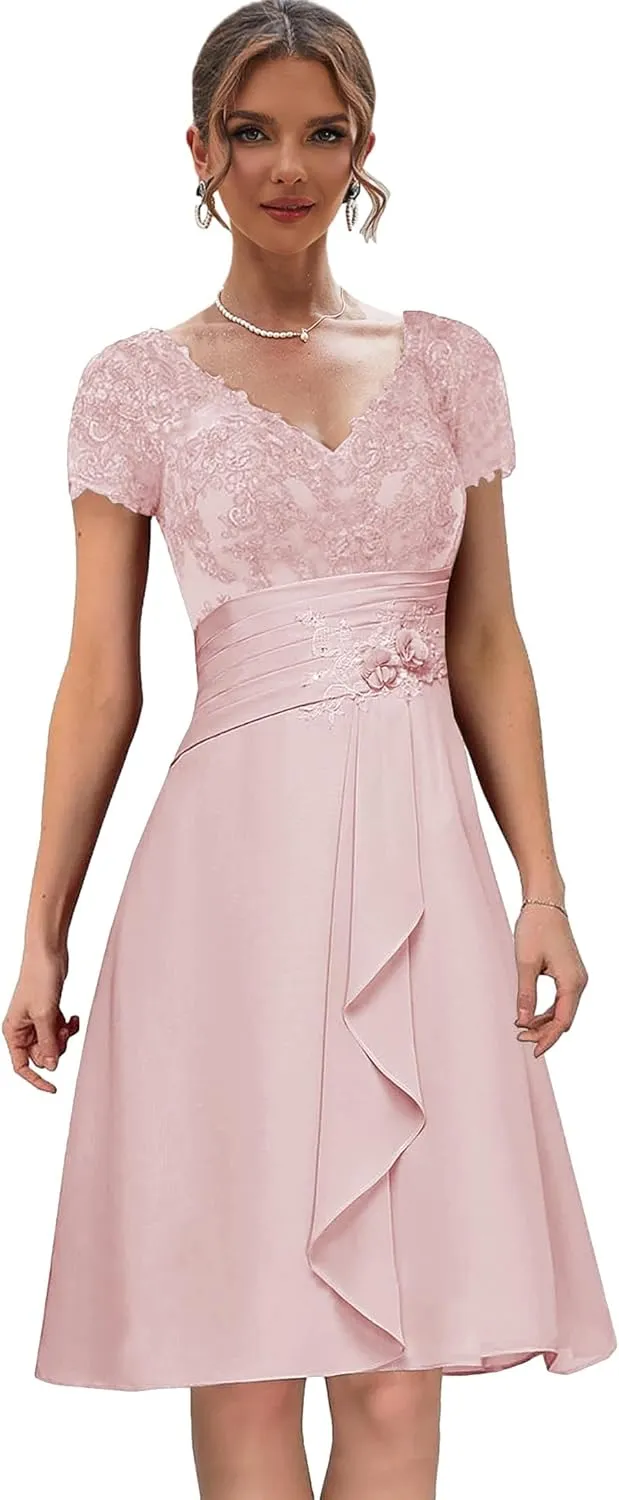 Chiffon Lace Mother of The Bride Dresses with Sleeves Ruffles Short Formal Dress for Women