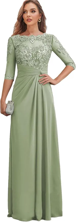 Chiffon Mother of The Bride Dresses for Wedding Corset Lace Formal Evening Dress with Sleeves