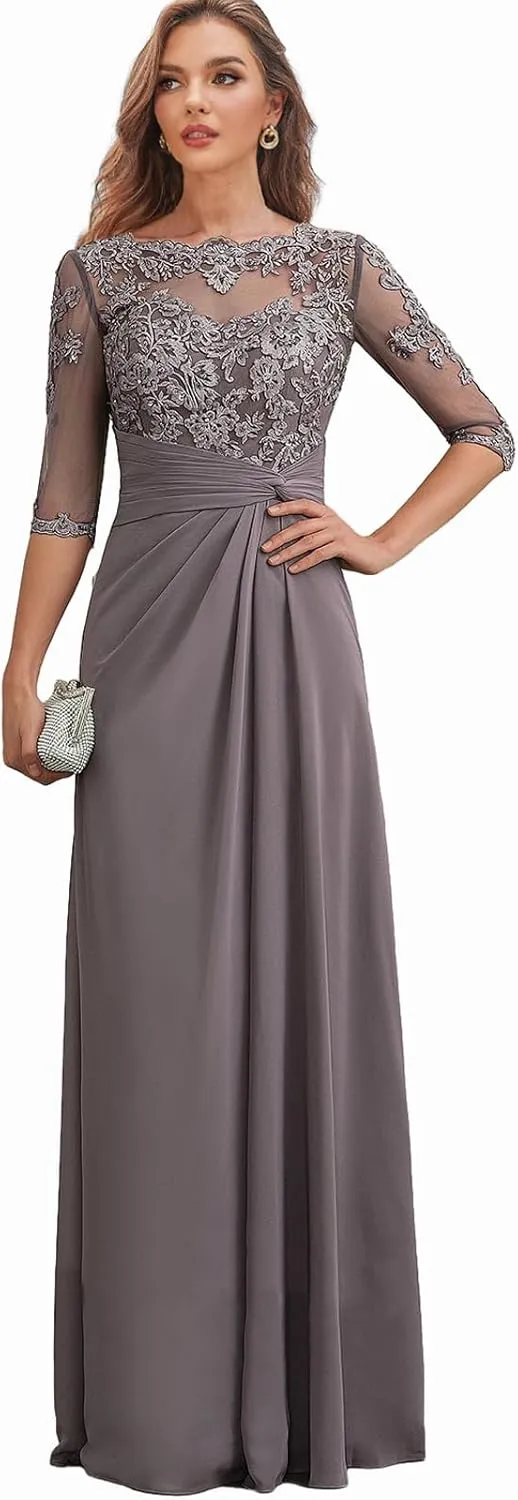 Chiffon Mother of The Bride Dresses for Wedding Corset Lace Formal Evening Dress with Sleeves