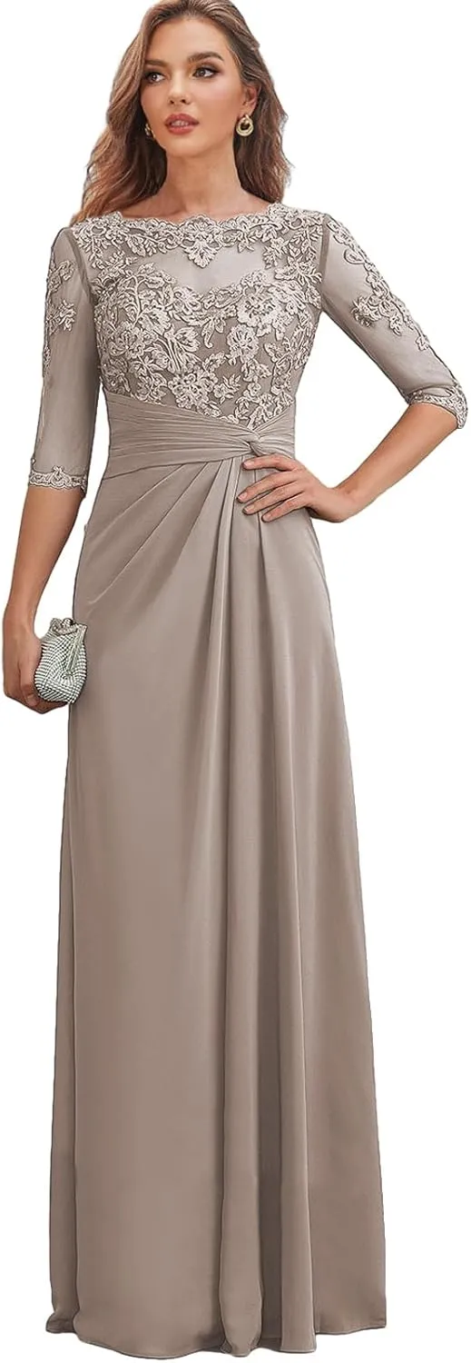 Chiffon Mother of The Bride Dresses for Wedding Corset Lace Formal Evening Dress with Sleeves