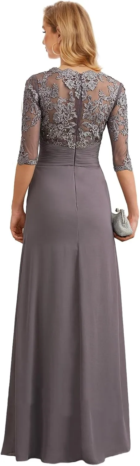 Chiffon Mother of The Bride Dresses for Wedding Corset Lace Formal Evening Dress with Sleeves