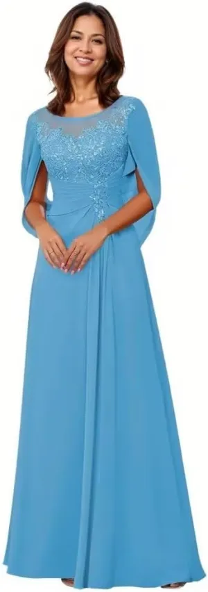 Chiffon Mother of The Bride Dresses with Cape Lace Evening Dress for Women Mermaid Formal Gown