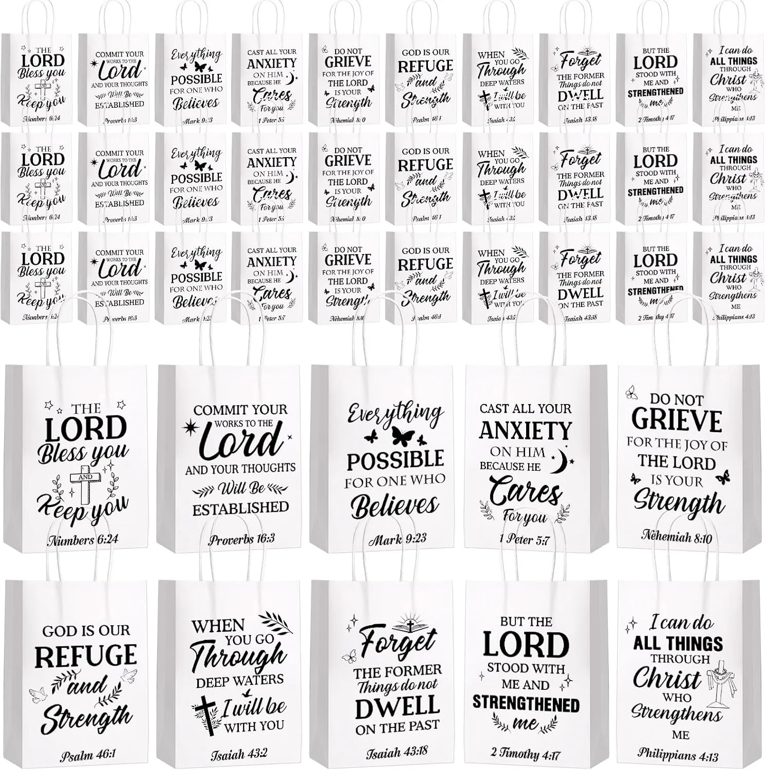 Chiisong 100 Pcs Christian Gift Bags Religious Bible Verse Treat Bags with Handles Inspirational Scripture Church Bag for Sunday School Baptism Guest Birthday Party Favor (White with Black)