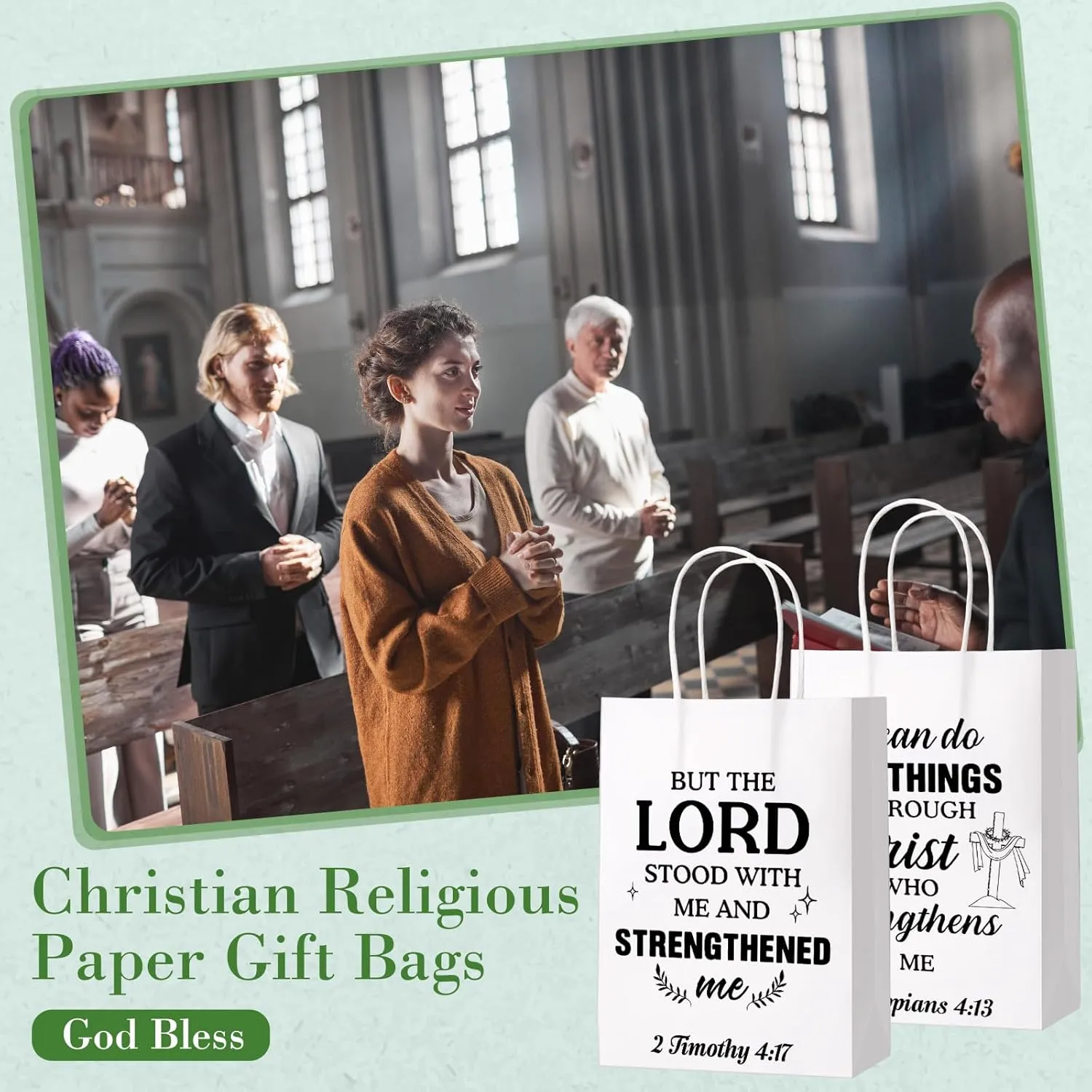 Chiisong 100 Pcs Christian Gift Bags Religious Bible Verse Treat Bags with Handles Inspirational Scripture Church Bag for Sunday School Baptism Guest Birthday Party Favor (White with Black)