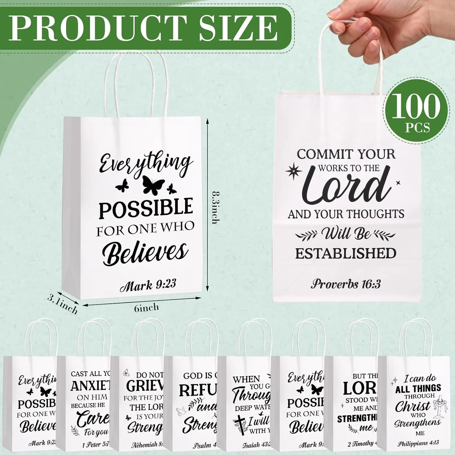 Chiisong 100 Pcs Christian Gift Bags Religious Bible Verse Treat Bags with Handles Inspirational Scripture Church Bag for Sunday School Baptism Guest Birthday Party Favor (White with Black)
