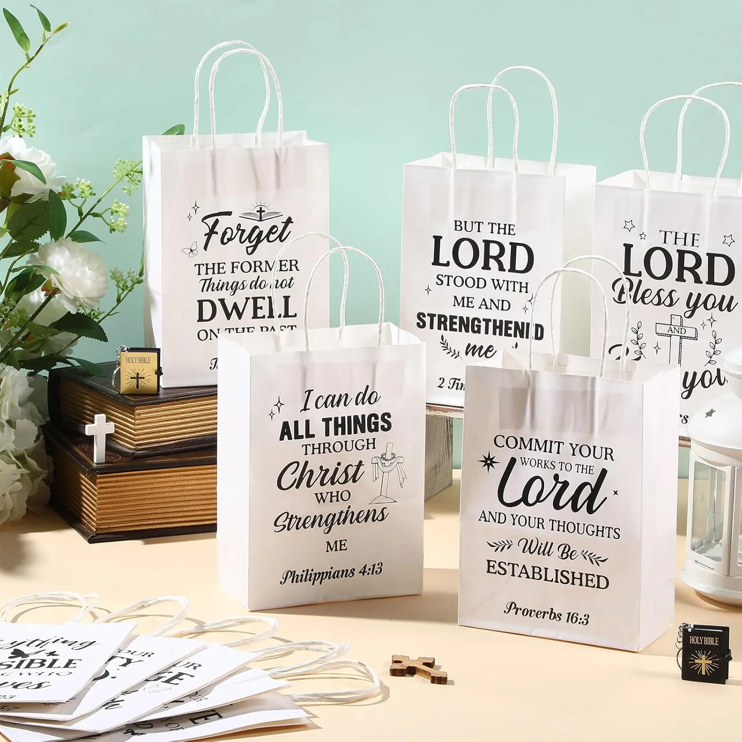 Chiisong 100 Pcs Christian Gift Bags Religious Bible Verse Treat Bags with Handles Inspirational Scripture Church Bag for Sunday School Baptism Guest Birthday Party Favor (White with Black)