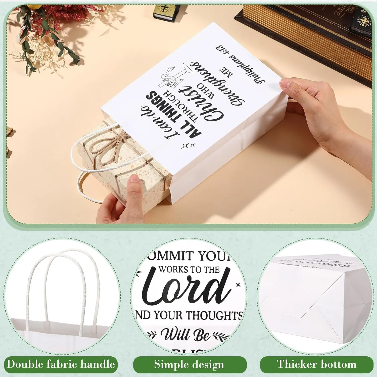Chiisong 100 Pcs Christian Gift Bags Religious Bible Verse Treat Bags with Handles Inspirational Scripture Church Bag for Sunday School Baptism Guest Birthday Party Favor (White with Black)