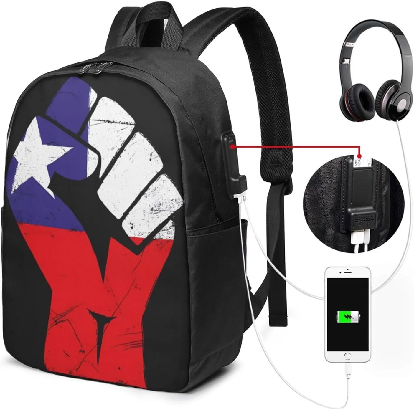 Chile Flag Chilean Strong Laptop Backpacks Travel Backpack Casual Business Daypack Sport Rucksack Computer Bag Fits up to 17 Inch Notebook with USB Port