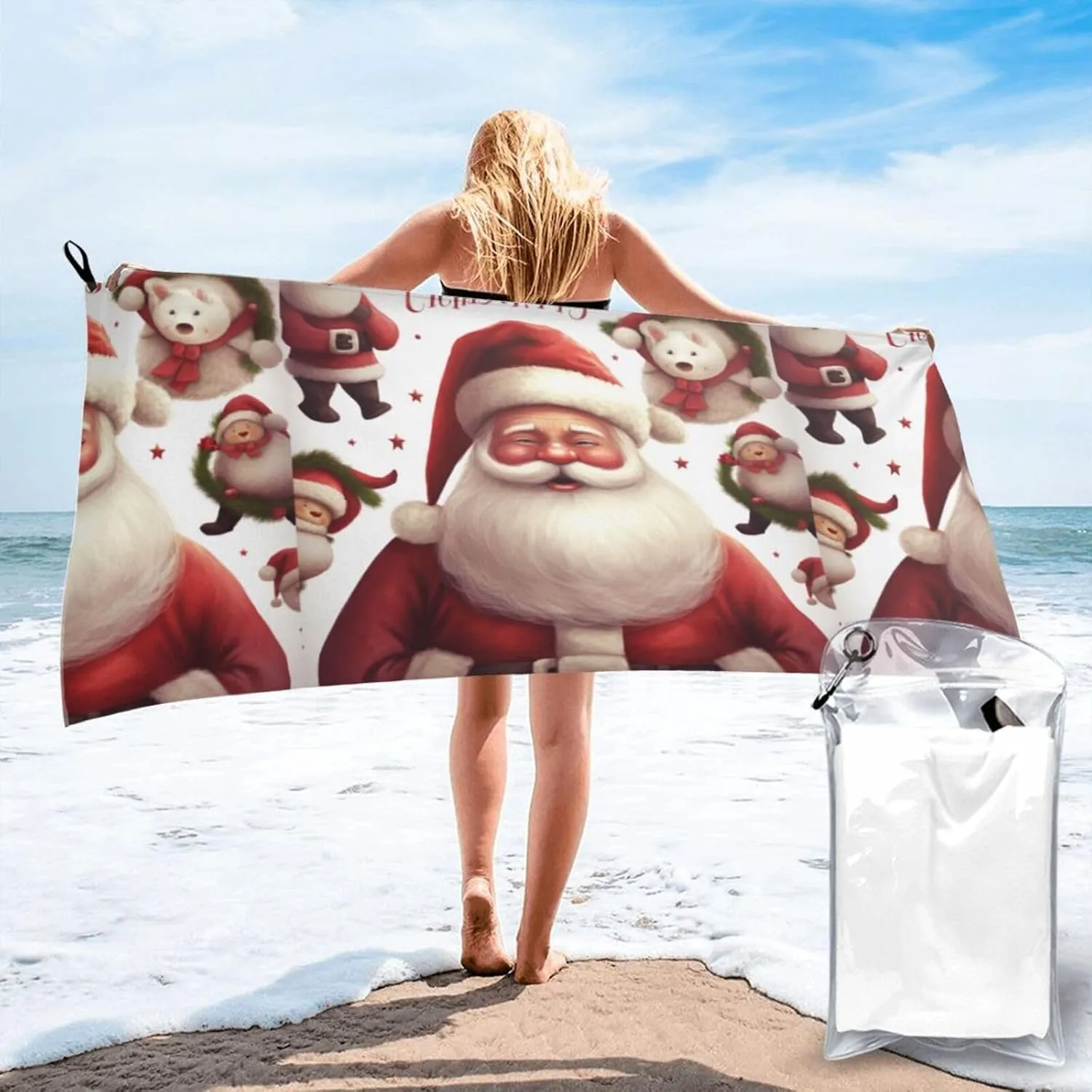 Christmas Santa Claus Premium Compact Microfiber Travel Towel-Featherlight & Quick Dry,Sand-Resistant Beach Towel for Swimming,Camping,Vacation Essentials with Carry Pouch