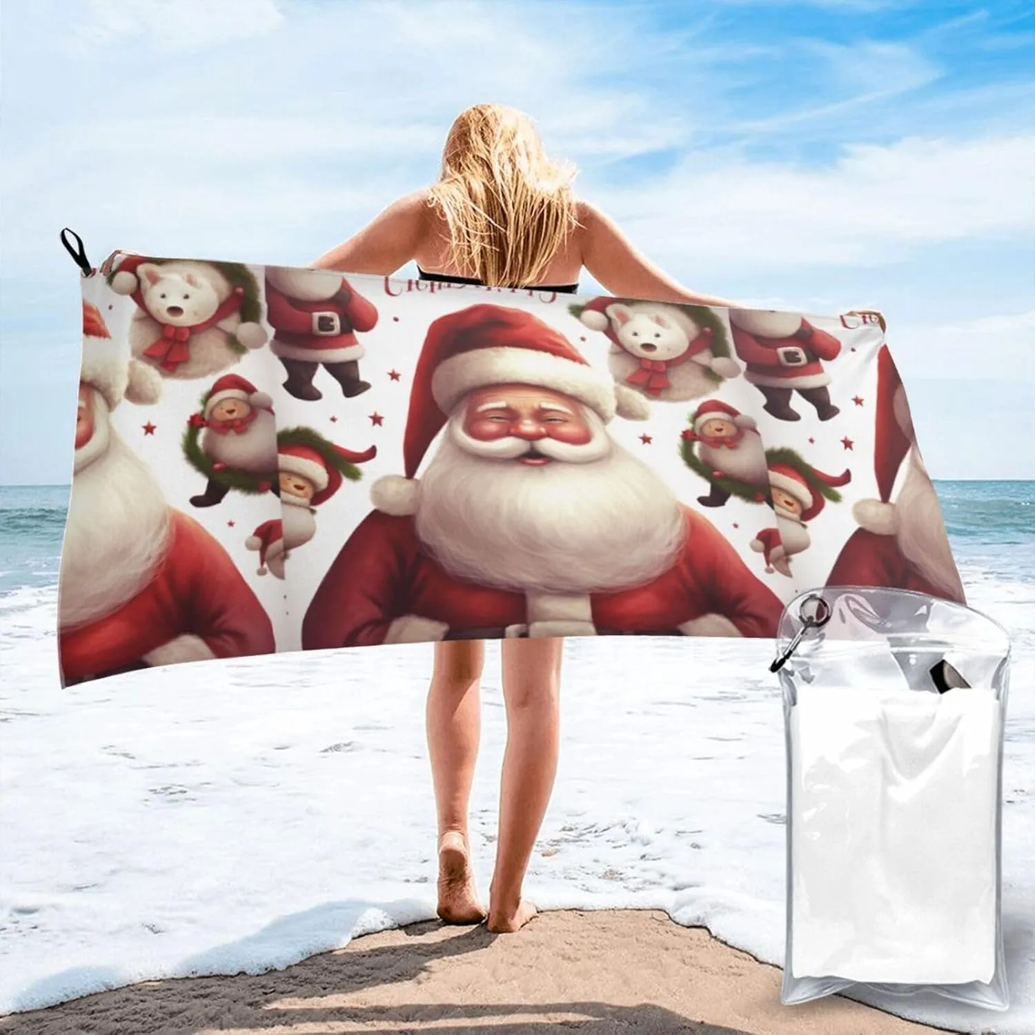 Christmas Santa Claus Premium Compact Microfiber Travel Towel-Featherlight & Quick Dry,Sand-Resistant Beach Towel for Swimming,Camping,Vacation Essentials with Carry Pouch