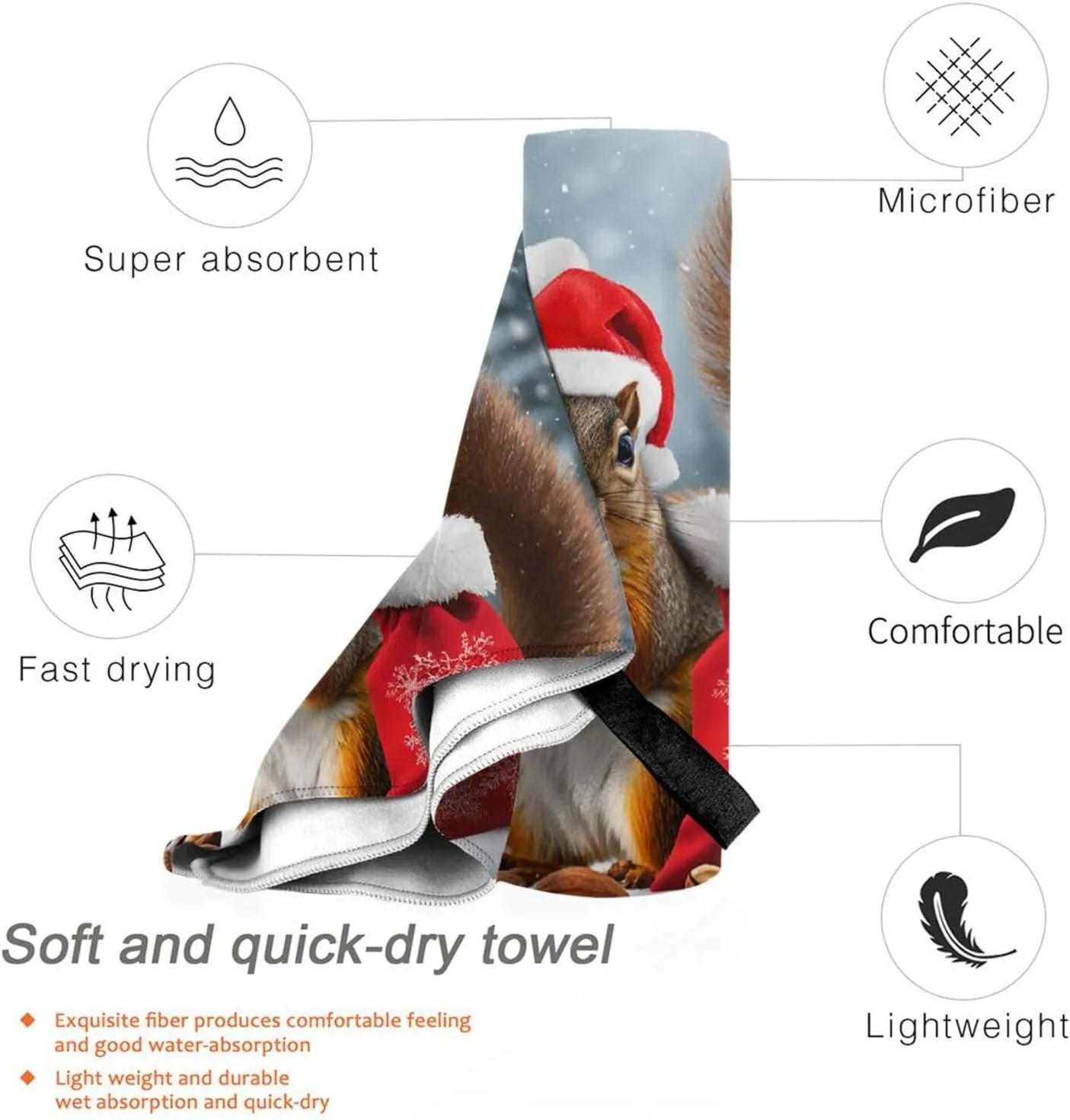 Christmas Squirrel Premium Compact Microfiber Travel Towel-Featherlight & Quick Dry,Sand-Resistant Beach Towel for Swimming,Camping,Vacation Essentials with Carry Pouch