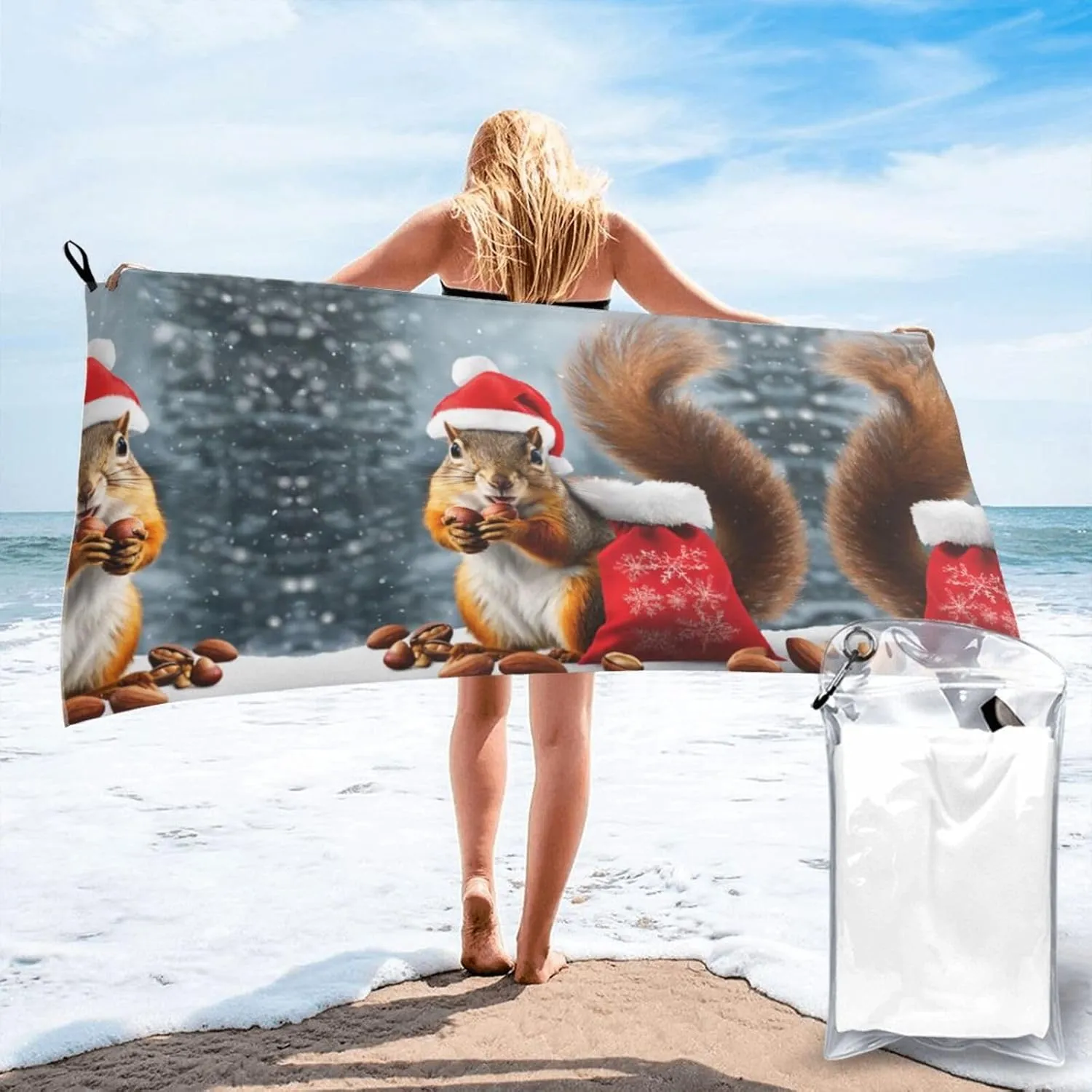 Christmas Squirrel Premium Compact Microfiber Travel Towel-Featherlight & Quick Dry,Sand-Resistant Beach Towel for Swimming,Camping,Vacation Essentials with Carry Pouch