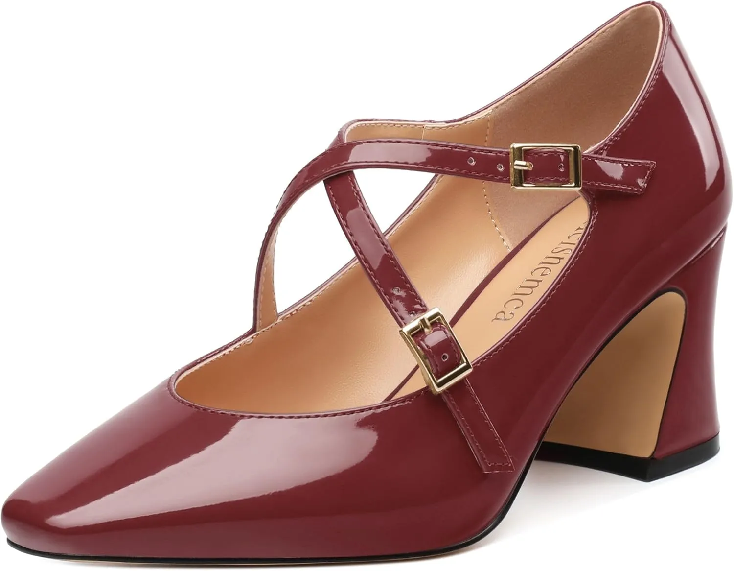 Chunky Block Heels for Women Closed Square Toe Patent Pumps Cross Strap High Heels Evening Party Dress Shoes 2.5IN