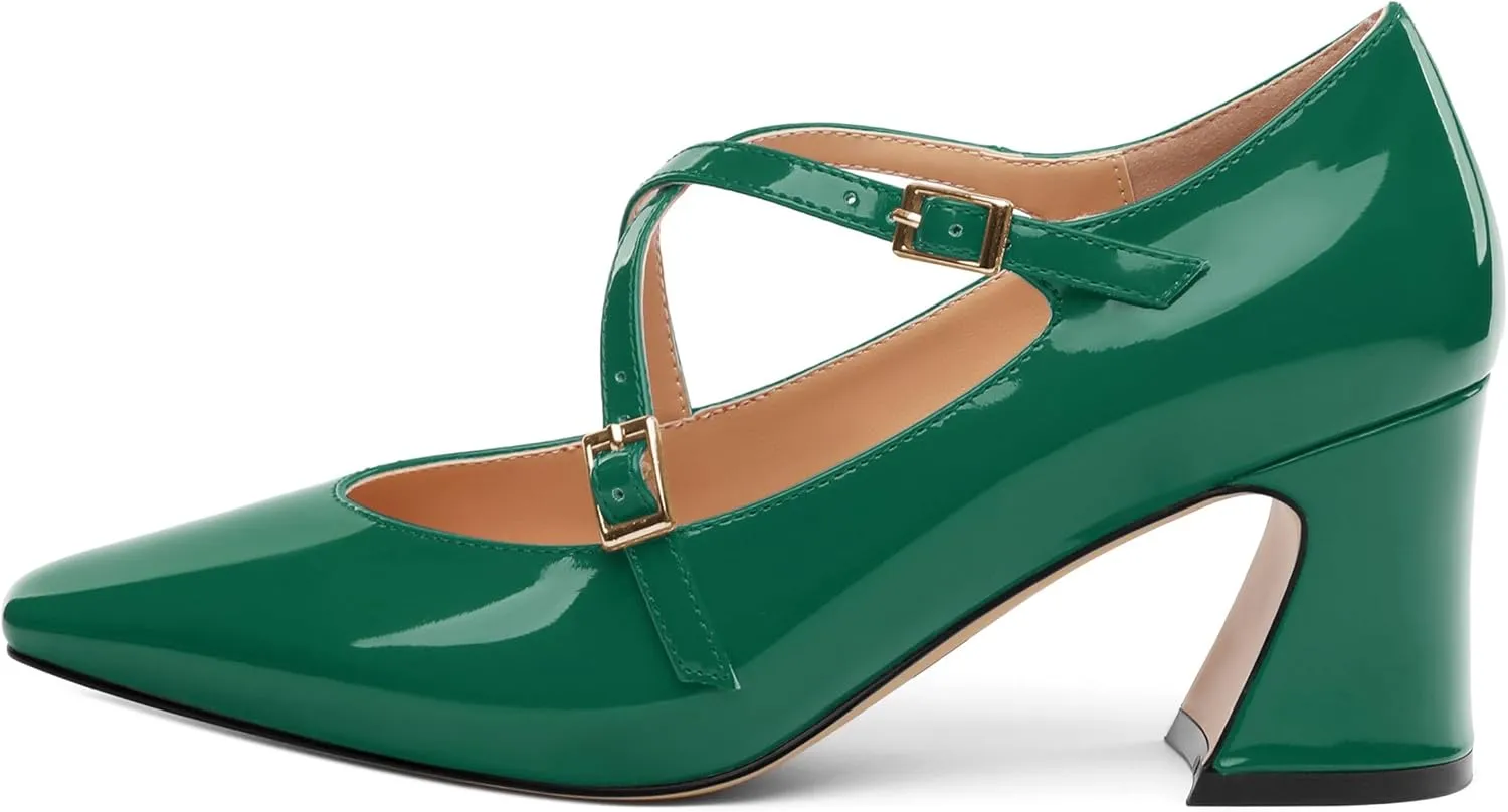 Chunky Block Heels for Women Closed Square Toe Patent Pumps Cross Strap High Heels Evening Party Dress Shoes 2.5IN