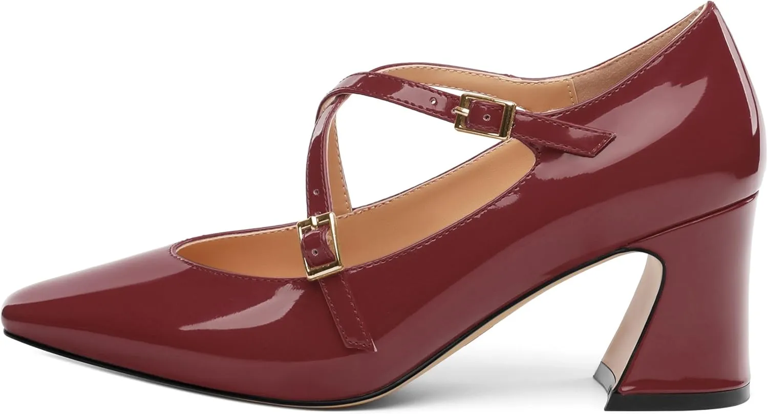 Chunky Block Heels for Women Closed Square Toe Patent Pumps Cross Strap High Heels Evening Party Dress Shoes 2.5IN