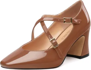 Chunky Block Heels for Women Closed Square Toe Patent Pumps Cross Strap High Heels Evening Party Dress Shoes 2.5IN