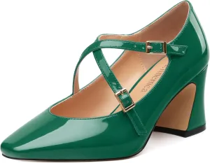 Chunky Block Heels for Women Closed Square Toe Patent Pumps Cross Strap High Heels Evening Party Dress Shoes 2.5IN
