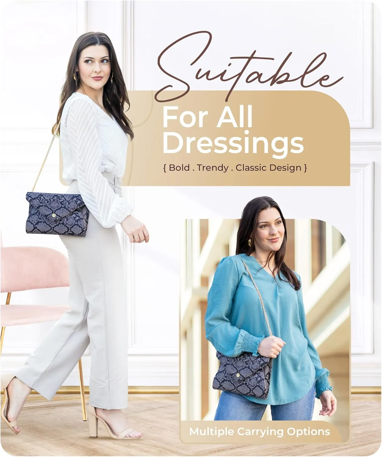 Claasico Evening Clutch Purses For Women - Elegant Envelope Clutch RFID Bag with Detachable Chain