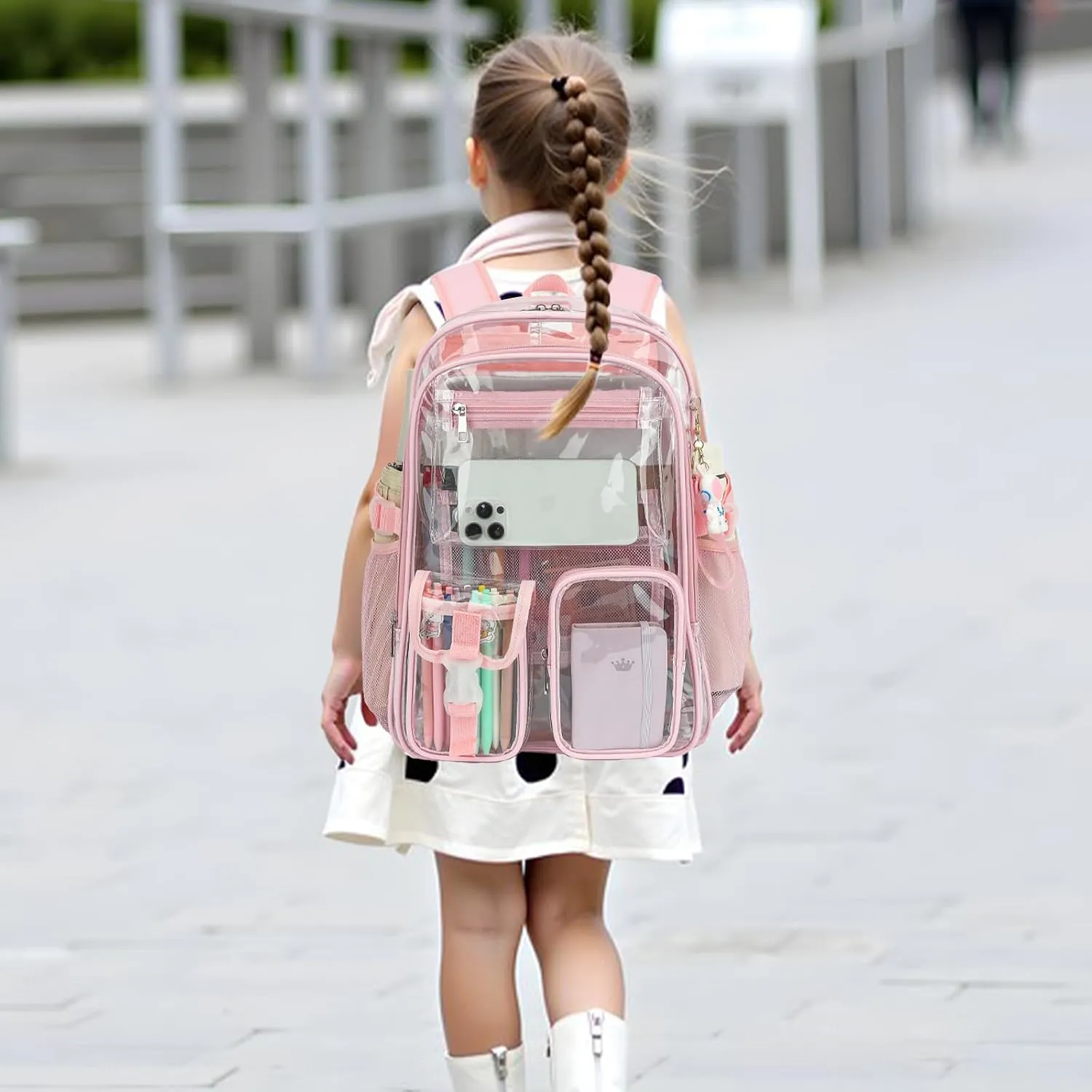 Clear Backpack Heavy Duty Transparent Backpacks Stadium Approved for School Work Sport Travel (Light Pink)