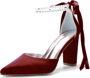 Closed Toe Pearl High Heels Satin Wedding Shoes for Bride Block Heels Bridal Shoes Prom Evening Party Dress Shoes Pumps